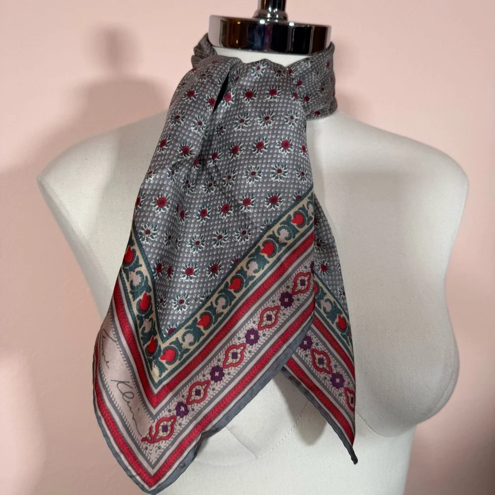 Anne Klein Vintage southwestern floral Grey teal Burgandy Red silk Scarf